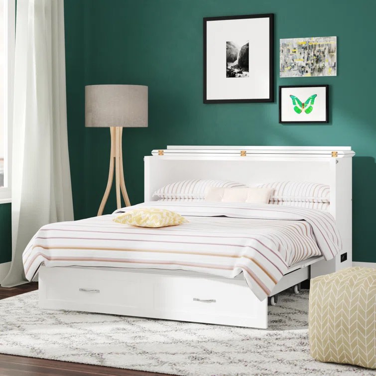 White Atiyah Solid Wood Storage Murphy Bed with Mattress, Drawer, and Built-in Charger queen *incomplete*