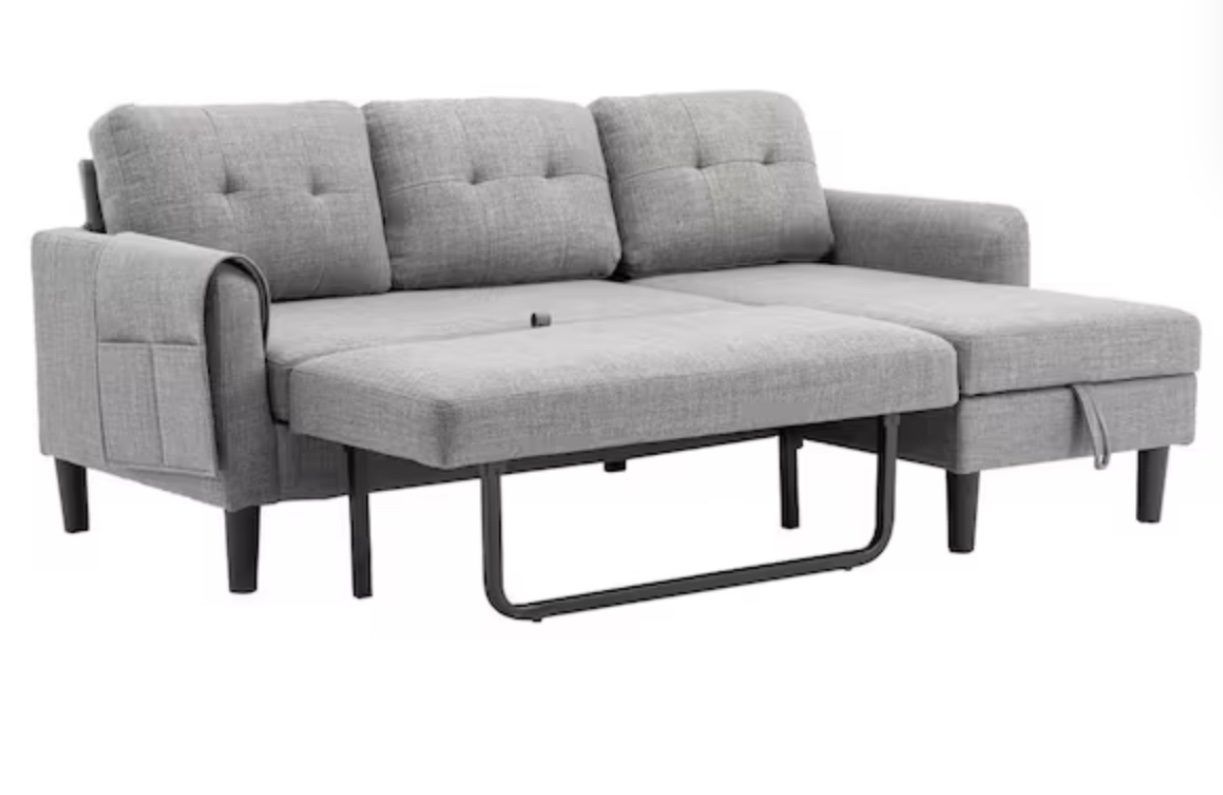 Modern Light Gray Fabric Reversible Sleeper Sectional Sofa Bed with Side Pocket and Storage Chaise *incomplete, box 1/2 only* *similar to stock photo*