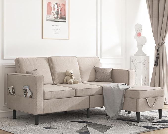 Mjkone Convertible Sectional Sofa Couch, 3-Seat L-Shaped Sofa with Storage Ottoman, Wooden Couch Legs Modern Linen Fabric Reversible Chaise for Living Room, Studio, Apartment - Beige (Incomplete)