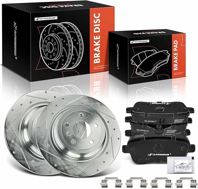 A-Premium 12.80 inch (325mm) Rear Drilled and Slotted Disc Brake Rotors + Ceramic Pads Kit Compatible with Select Mercedes-Benz Models - GLE300d, GLE350, GLE350d, GLE400, GLE43 AMG, ML250, 6-PC Set