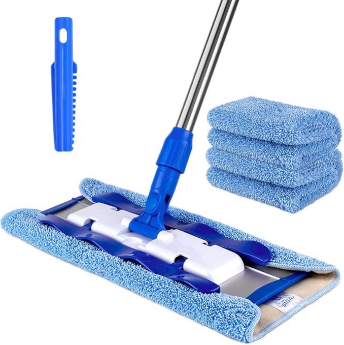 MR.SIGA Professional Microfiber Mop for Hardwood, Laminate, Tile Floor Cleaning, Stainless Steel Telescopic Handle - 3 Reusable Flat Mop Refills and 1 Dirt Removal Scrubber included
