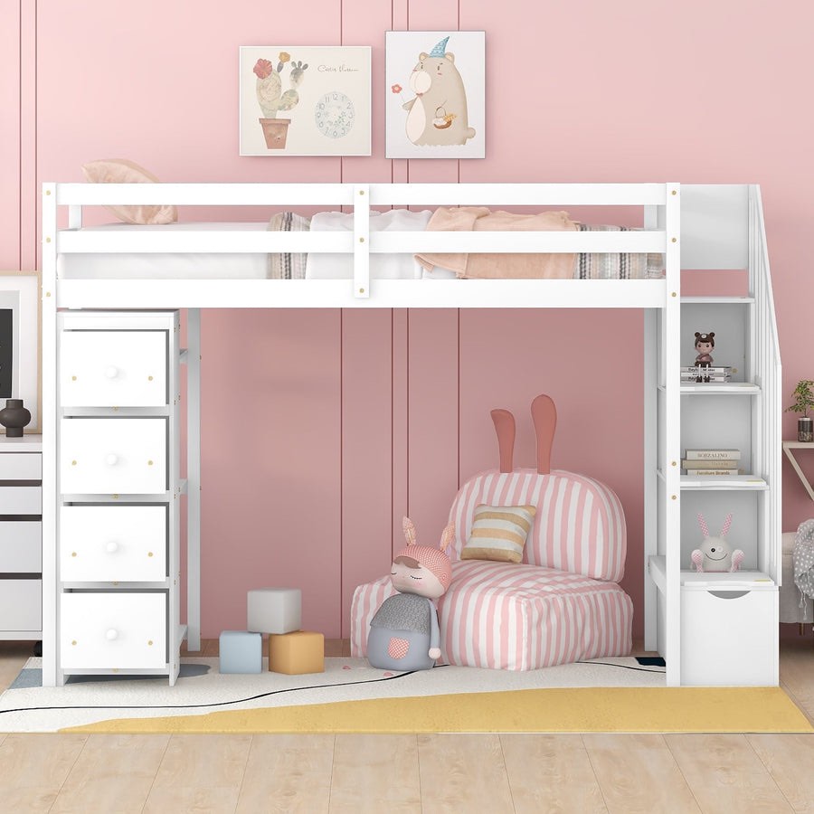 Multifunctional Design Twin size Loft Bed with Storage Shelves and Ladder ( Box 2/3 Incomplete)
