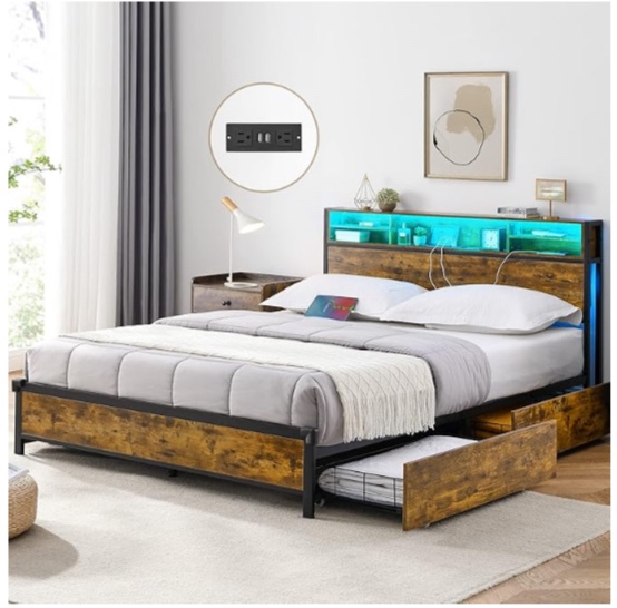Alohappy King Size Bed Frame with 4 Storage Drawers and Bookcase Headboard, LED Bed Frame with Outlets and USB Ports, Metal Platform Bed, Double-Row Support Bars, No Box Spring Needed, Vintage Brown ( Incomplete)