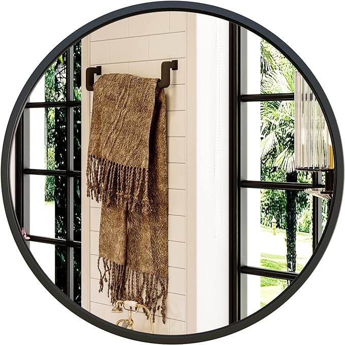 Growsun 24'' Black Round Mirror, Circle Wall Mirror for Bathroom Vanity, Entryway Living Room with Metal Frame for Home Decor
