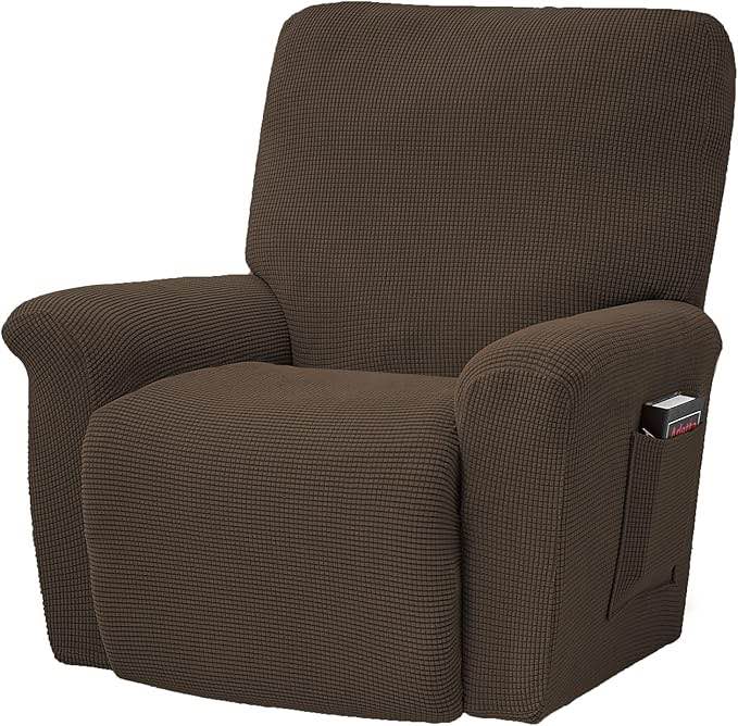 CONRUSER Stretch Recliner Chair Covers, 4-Piece Soft Sofa Cover Thick Single Seat Couch Cover Jacquard Recliner Slipcover with Pocket (Brown)
