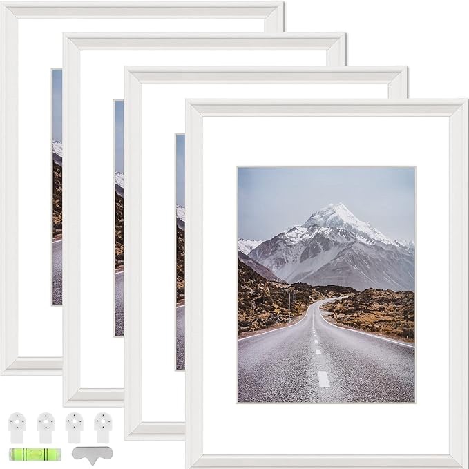 MUYE 12x16 Picture Frame Set of 4,High Definition Plexiglass,Display Pictures 8.5x11 or 9x12 with Mat or 12x16 Without Mat for Wall Mounting Photo Frames Gallery,White