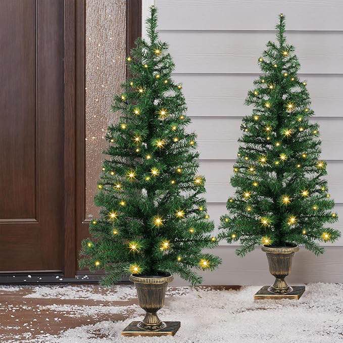 4FT Prelit Christmas Tree 1-Pack Artificial Potted Christmas Tree with 100 Warm White LEDs Battery Powered & 8 Lighting Modes for Xmas Porch Entrance Decorations