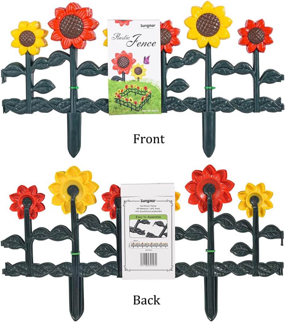 Sungmor Plastic Edgings Garden Picket Fence - Grass Lawn Flowerbeds Plant Borders - Decorative Sunflower Landscape Path Panels - Pack of 4 (Overall Length 98 Inches) - Lightweight & Easy Installation