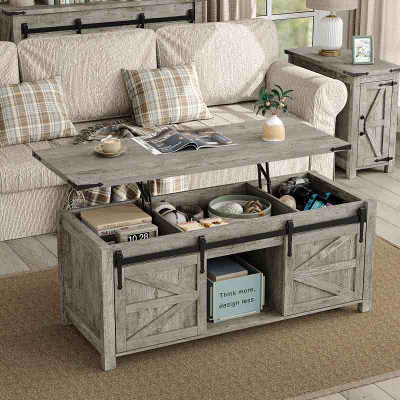 Jaquavion Coffee Table, Farmhouse Lift Top Coffee Table with Hidden Storage and Sliding Barn Door for Living Room