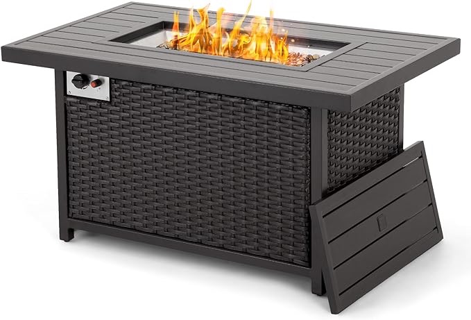 HAPPATIO Propane Fire Pit Table - 48 inch 50,000 BTU Aluminum Outdoor Patio Fire Pit,Wicker & Aluminum Rectangular Propane Gas Fire Pit, Clear Glass Rock and Tabletop Lid, Black PE Rattan(Brown)