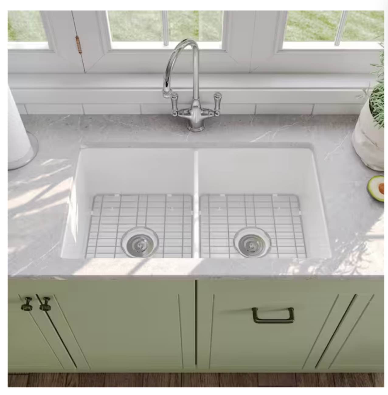 32 in. L x 19 in. W White Fireclay Rectangular Double Bowl Undermount Kitchen Sink with Bottom Grid and Basket Strainer
