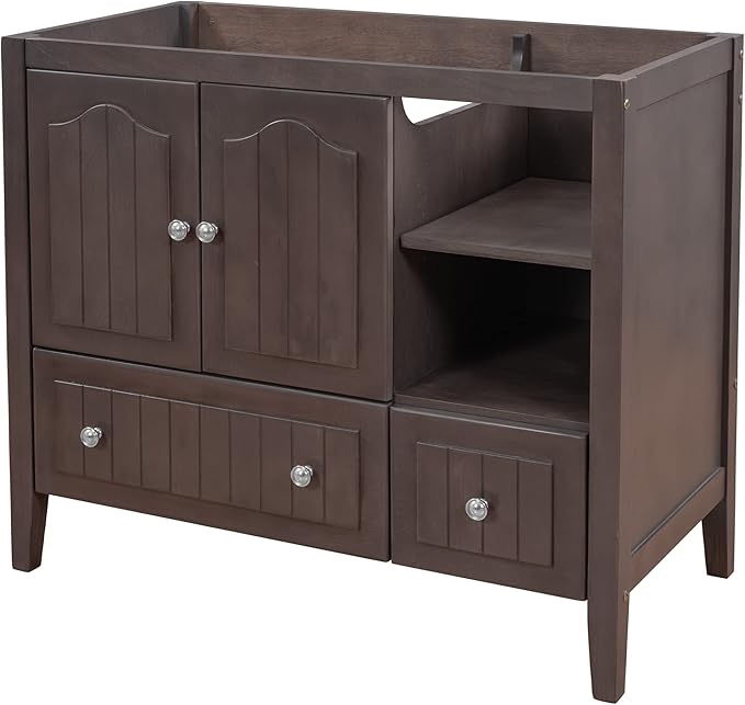 36" Bathroom Vanity Without Top Sink, Bathroom Vanity Base Only, Freestanding Bathroom Vanity with 2 Soft Closing Door and 2 Drawers, Modern Bathroom Storage Cabinet with Adjustable Shelf, Brown