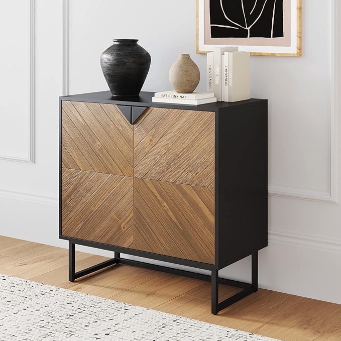 Nathan James Enloe Modern Sideboard Buffet Storage Accent Cabinet Black with Doors in a Rustic Pine Wood Finish and Matte Metal Base for Hallway, Entryway, Kitchen or Living Room, Walnut Brown/Black