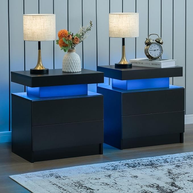 Nightstand Set of 2 LED Nightstand with 2 Drawers, Bedside Table with Drawers for Bedroom Furniture, Side Bed Table with LED Light, Black ( 1 piece only) 