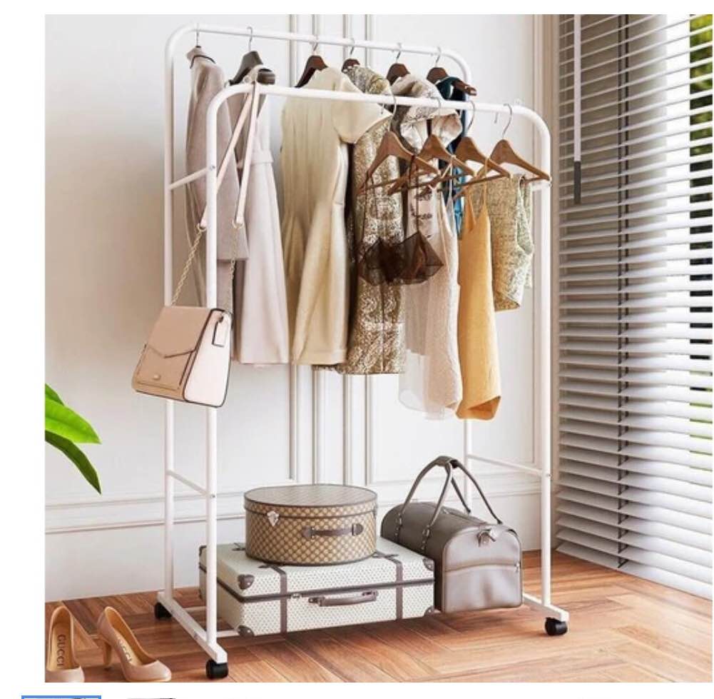 Double Rail Clothing Garment Rack Rolling Shirt Towel Organizer Stand