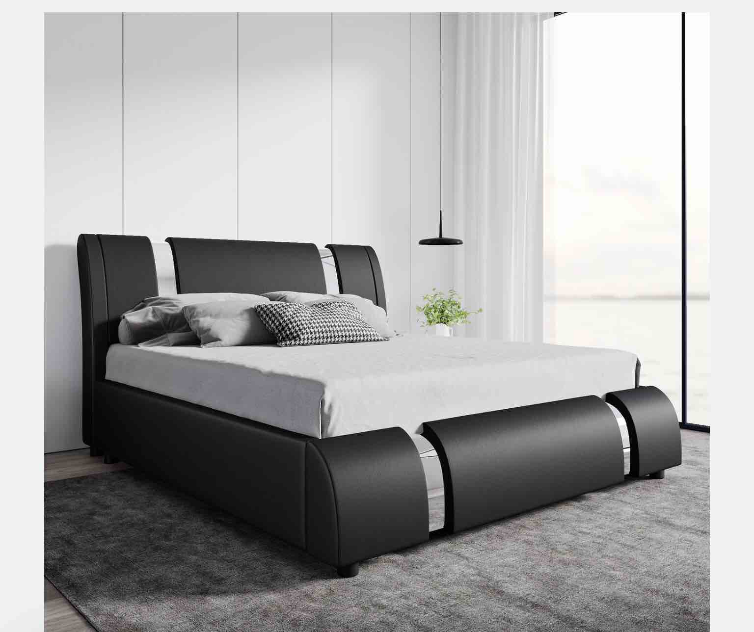Faux Leather Upholstered Bed Frame with Adjustable Headboard, Iron Piece Decor