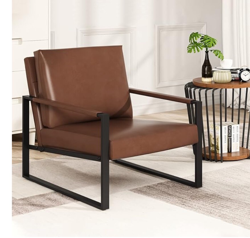 AWQM Modern PU Leather Accent Chair Arm Chair with Extra-Thick Padded Backrest and Seat Cushion Sofa Chairs for Living Room Bedroom, 105 Degree Slant Back, Non-Slip Adsorption Feet, Brown