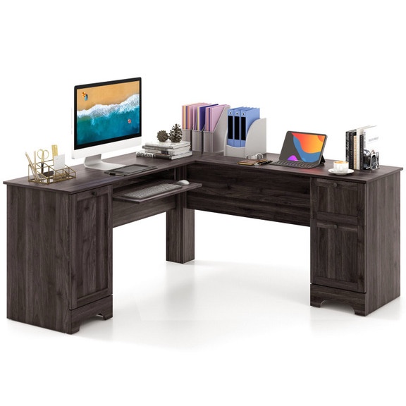 Costway 58942736 L-Shaped Office Desk with Storage Drawers and Keyboard Tray-Dark Brown (Box 2 Of 2)