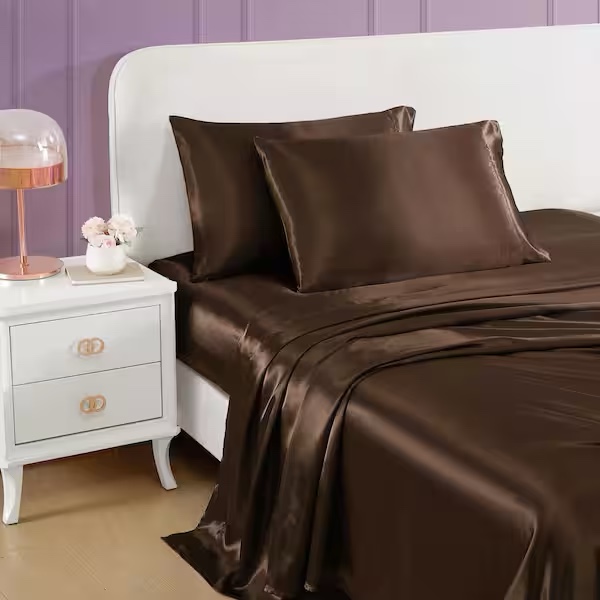 BETSEY JOHNSON Solid Satin 4-Piece Espresso Brown Satin Queen Sheet Set