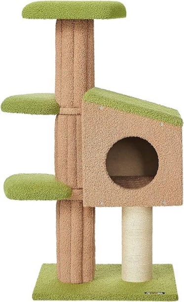 FEANDREA WhimsyWonders Cat Tree, 110 cm Cat Tower for Indoor Cats, Cat Condo with Padded Perch, Scratching Post, Cat Cave, Spring Green and Light Earth Brown PCT315G01