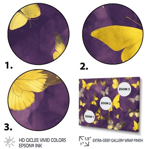 Designart "Yellow And Purple Butterfly" Animals Butterfly Framed Canvas Wall Art