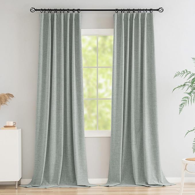 Novecozy 100% Blackout Curtains Long,Linen Thermal Insulated Curtains & Drapes for Bedroom/Living Room,Rod Pocket/Back Tab/Hook Belt/Ring Clips (2 Panels)  Light Grey 