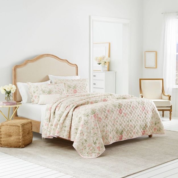 Laura Ashley 3pc Full/Queen Hailee Microfiber Quilt Bedding Set Pink Floral : Includes Shams, Pre Washed, OEKO-TEX Certified