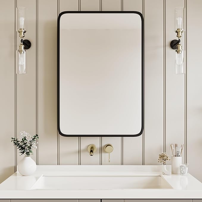 AGDULL Vintage-Style Bathroom Wood Wall Cabinet with Curved Mirror, Recessed Medicine Cabinet, Bathroom Storage Cabinet, Black, 17.5x29 Inch Black 17.5x29 Inch