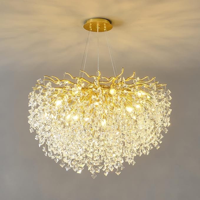 Gold Tree Branch Crystal Chandelier, Modern Crystal Ceiling Light Fixtures 10-Light(E12), Hanging Round Gold Chandeliers for Dining Room Living Room Bedroom Foyer(32 in)