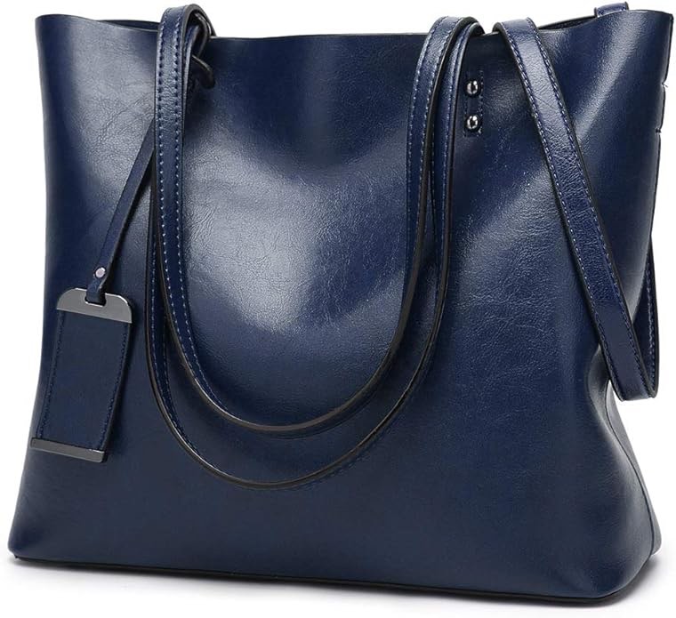leather tote bag for women – large shoulder handbag with long strap, stylish & durable purse blue 