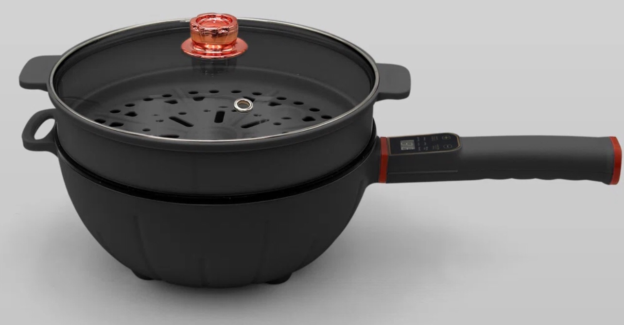 nutrichef 4l electric frying pan & 4l steamer | multifunctional portable 1000w non-stick pot for cooking | durable heat safe handle | touch control panel | includes a spatula | black