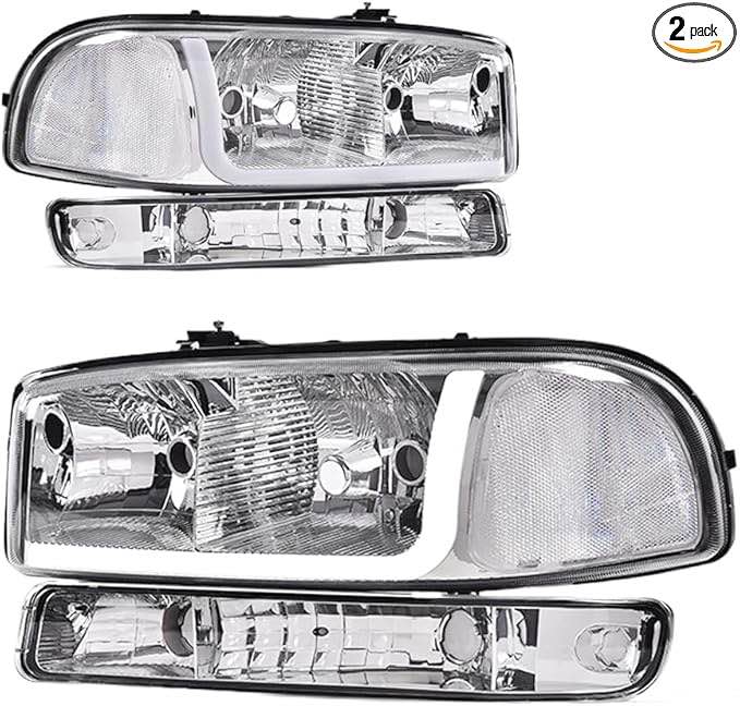 PIT66 LED DRL Headlights Assembly, Compatible with 1999-2007 GMC Sierra / 2000-2006 Yukon XL 1500 2500 Headlamp Clear Lens Chrome Housing