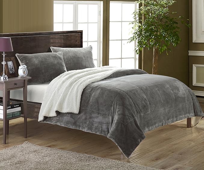 Chic Home Evie 3 Piece Blanket Set Soft Sherpa Lined Microplush Faux Mink with Shams, Queen Grey Chic Home Evie 3 Piece Blanket Set Soft Sherpa Lined Microplush Faux Mink with Shams, Queen Grey
