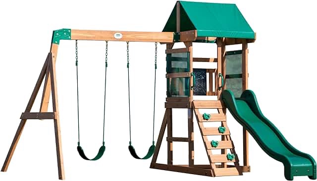 Incomplete|| (#1/2) Backyard Discovery Buckley Hill Wooden Swing Set, Made for Small Yards and Younger Children, Two Belt Swings, Covered Mesh Fort with Canopy, Rock Climber Wall, 6 ft Slide Green