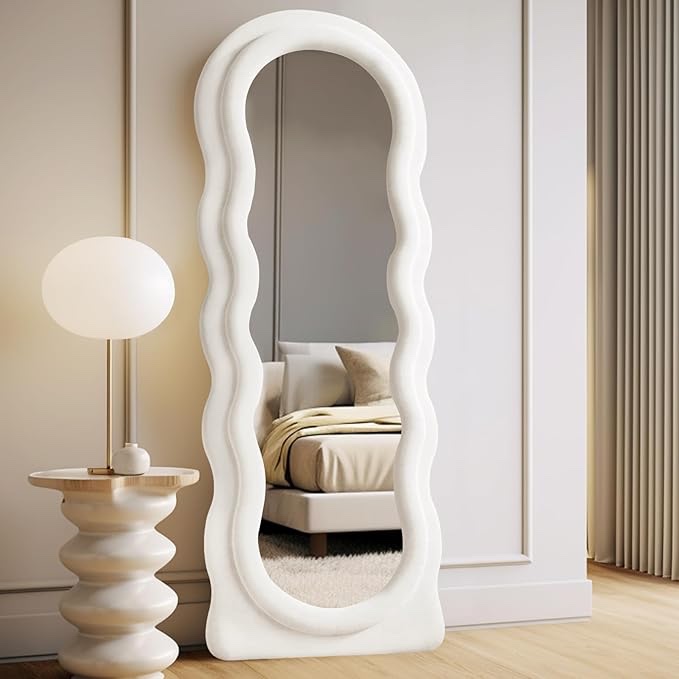 Full Length Mirror 63"x24" Irregular Wavy Full Body Mirror Wall Mounted Floor Mirror with Stand 