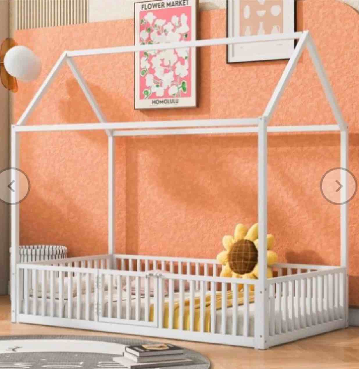 ZNTS Twin Size Metal House Bed with Fence and Door, White MF315932AAK