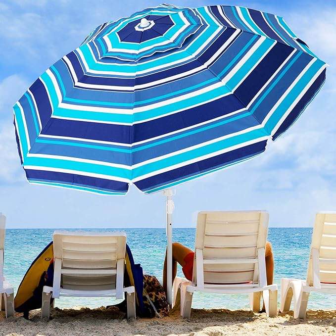 Beach Umbrella for Sand Portable Outdoor Beach Umbrella with Sand Anchor Fiberglass Rib Push Button Tilt and Carry Bag Blue/White