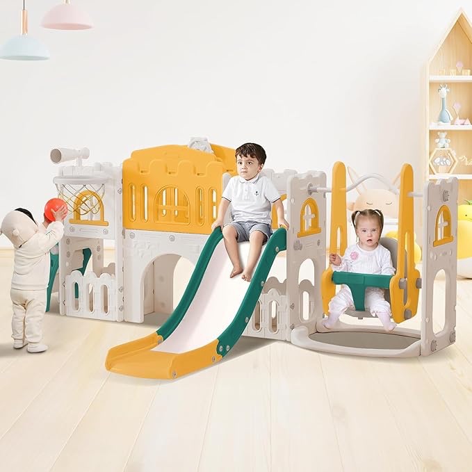 Kid Slide for Toddlers, Age 1-3 with Swing, 10 in 1 Toddler Slide, Basketball Hoop and Telescope, Indoor Outdoor Slide Toddler Playset Toddler Playground