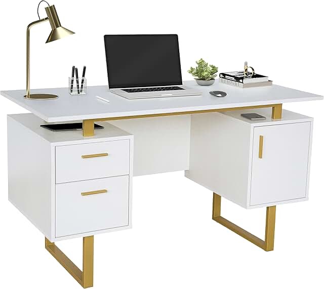 Techni Mobili Storage Drawers and Cabinet 51.25” W-Modern Office Large Floating Desktop Surface Desk, 23.6" D x 51.2" W x 29.8" H, White/Gold, incomplete 