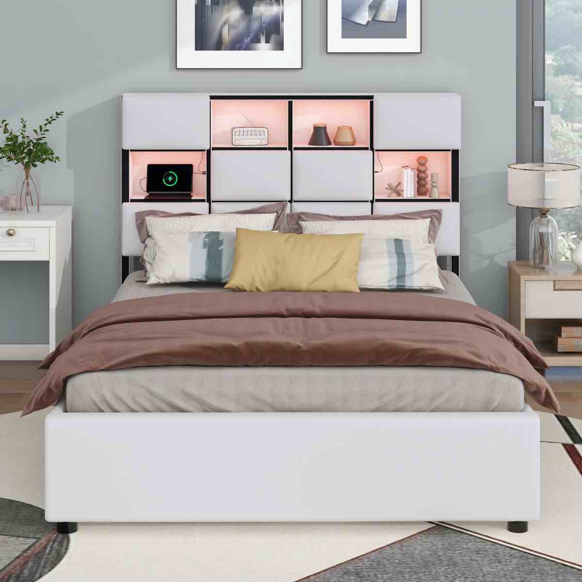 Upholstered Platform Bed with LED Headboard and Footboard, USB Charging Ports, Storage, and Beige Velvet Upholstery, INCOMPLETE