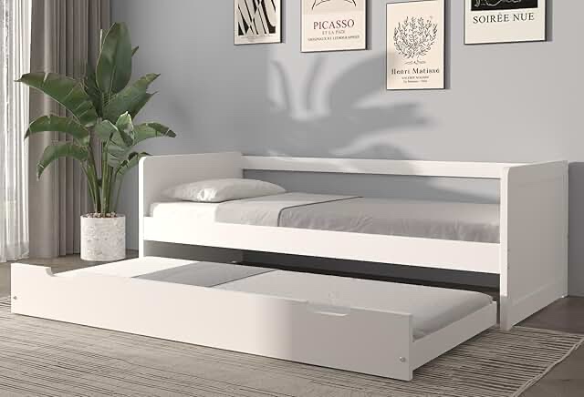 Urban Home Furniture Natalie White Panel Wood Daybed with Trundle, Twin Size Day Bed with Pullout Trundle & Wooden Slats Support, Space Saving Twin Daybed, No Box Spring Needed, Trundle Bed, White, INCOMPLETE