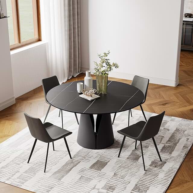 POVISON Round Dining Table for 4, Modern Dining Table Round 47" Matte Sintered Stone Tabletop with Solid Black Carbon Steel Pedestal, Circle Dining Table for Dining Room,Black(Dining Table Only)