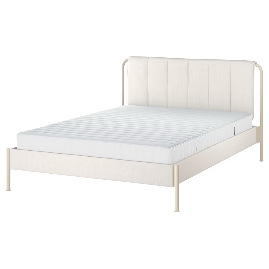 Upholstered bed frame with mattress, Kulsta light beige/Valevåg medium firm, Queen