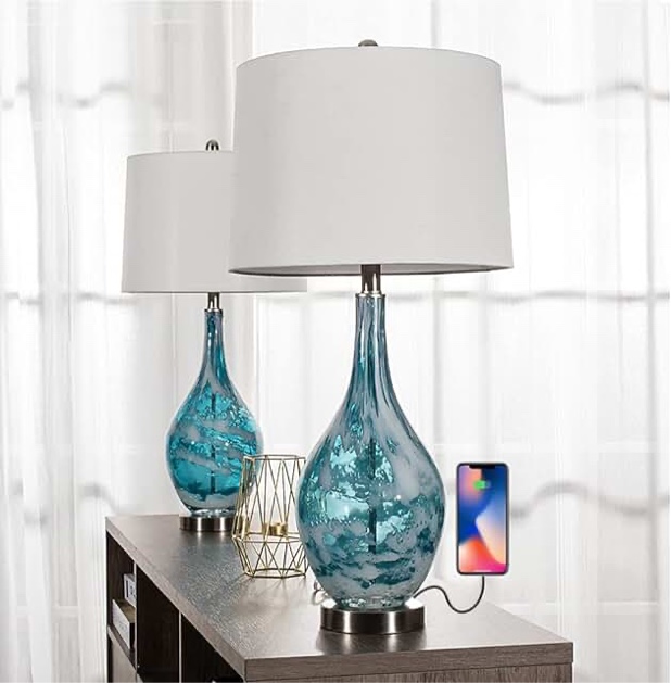 Maxax Coastal Glass Table Lamps Set of 2 Blue Bedside Lamp with USB Charging, Modern Bedside Desk Lamp with White Shade for Living Room Bedroom Coffee Nightstand 