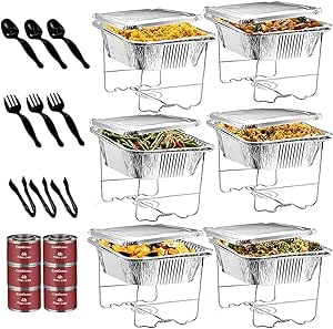 Disposable Chafing Dish Buffet Set, 39 Piece of Chafing Servers with Food Warmers, Covers, Half-Size Food Pans, Water Trays, Serving Utensils, Foil Lids and 2.5H Fuel Cans for Parties, Catering