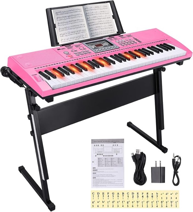 24HOCL 61 Key Premium Electric Keyboard Piano for Beginners with Stand, Built-in Dual Speakers, Microphone, Headphone, Stand & Display Panel (Pink)