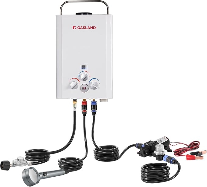 GASLAND 6L 1.58GPM Portable Propane Tankless Water Heater with 1.6 GPM Water Pump and 1/2" Twist-On Pipe Strainer