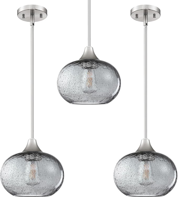 3 Pack 1 Light Hanging Indoor Kitchen Island Pendant Lights 7.7" Black Seeded Brownish Grey Glass Pendant Ceiling Light Fixtures Brushed Nickel Finish Modern Farmhouse Dinning Over Sink