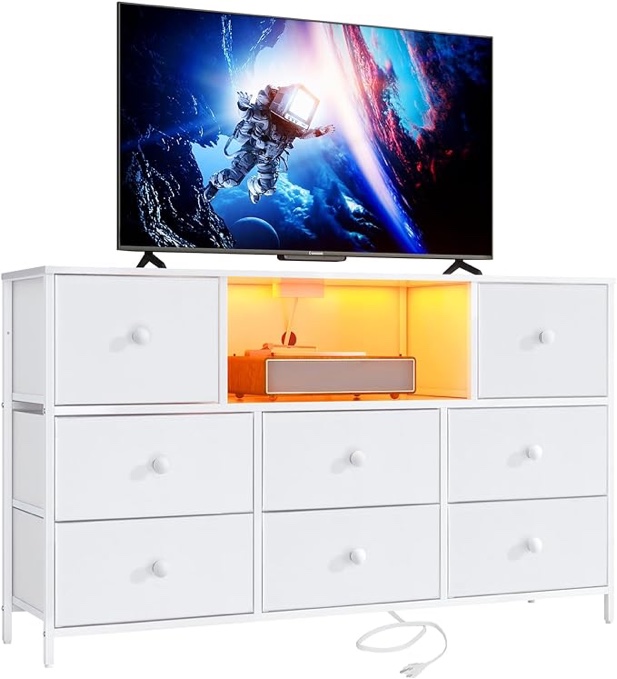 LYNCOHOME White Dresser with Power Outlets and LED Lights, Dresser TV Stand 50" with 8 Drawers, Fabric Chest of Drawers for Bedroom, Living Room, Entryway
