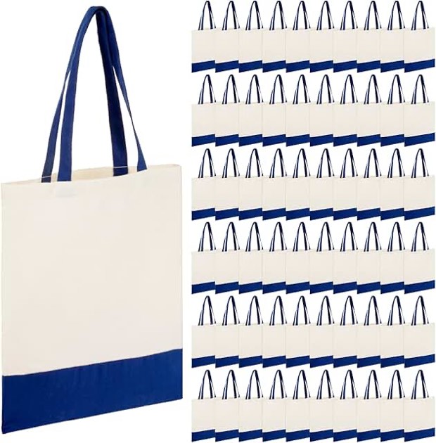 Roowest 60 Pcs Cotton Canvas Tote Bags Bulk Reusable Grocery Cloth Bags with Handles for DIY Craft Gift(Blue and White)